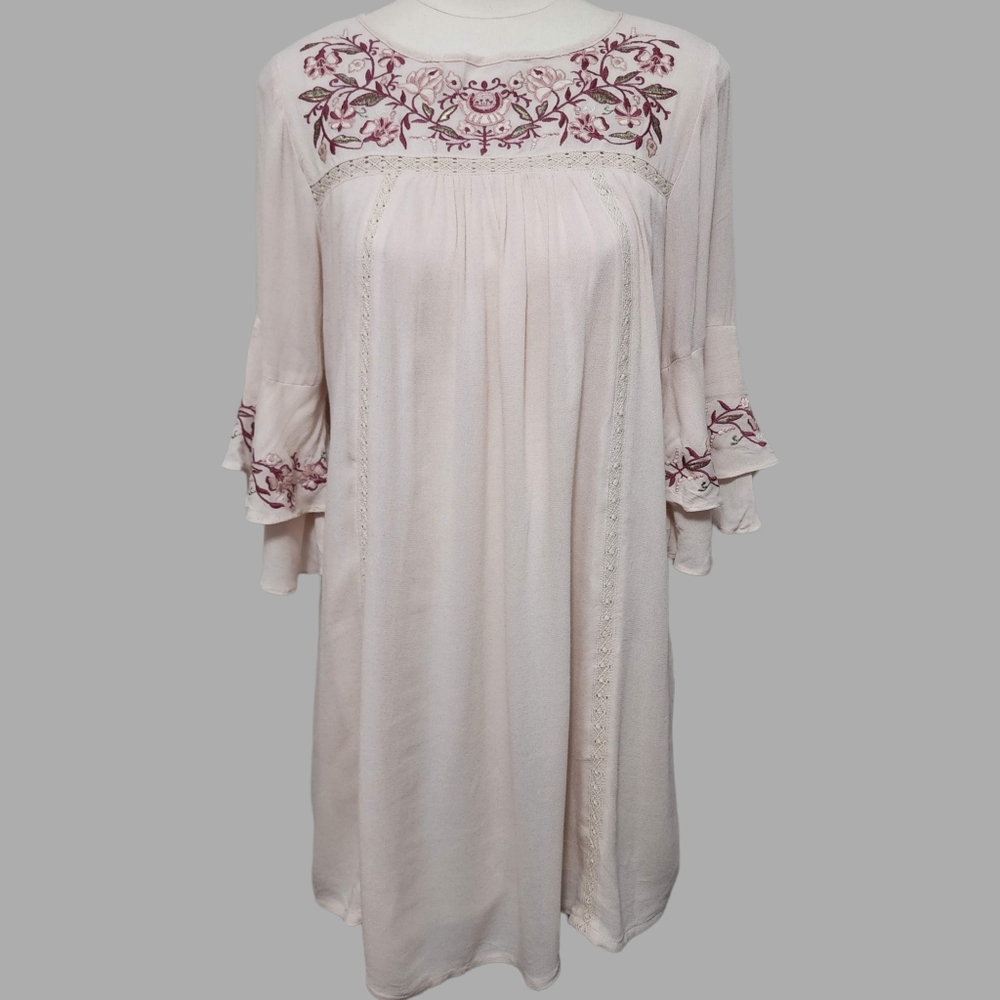 Ruche pink floral embroidered shift dress size small